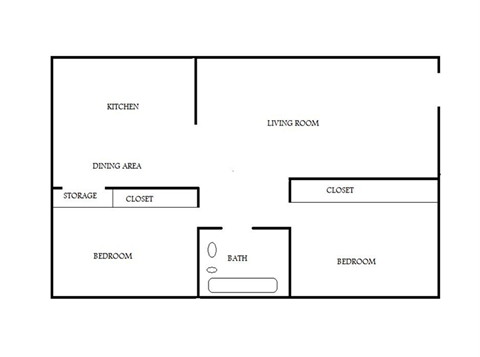 Floor plan for 2 beds, 1 bath, 728 sqft